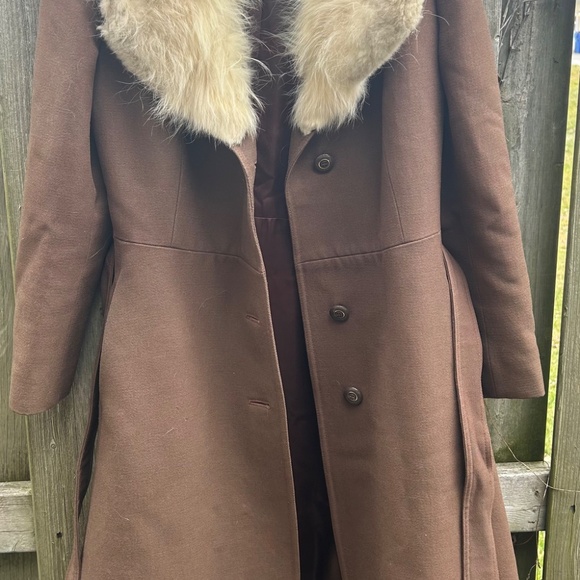 Vintage 60s Wool Coat w/ Fur Collar Pure Virgin Wool Belted Brown Long Coat Anna - Picture 15 of 16